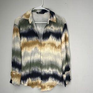Zara Men's Casual Tie-Dye Shirt in Green, Black, and Tan